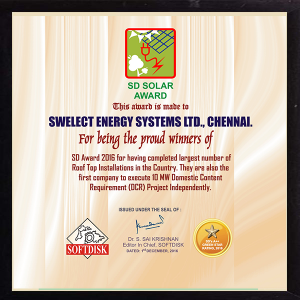 Special Award as the winners of largest numbers of Roof Top Installation in the country in 2016 and first company to execute (Domestic Content Requirement) DCR project independently