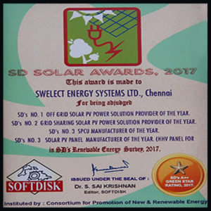 SoftDisk India (SD’s) No.1 Off Grid Solar PV Power Solution Provider of the year -2017